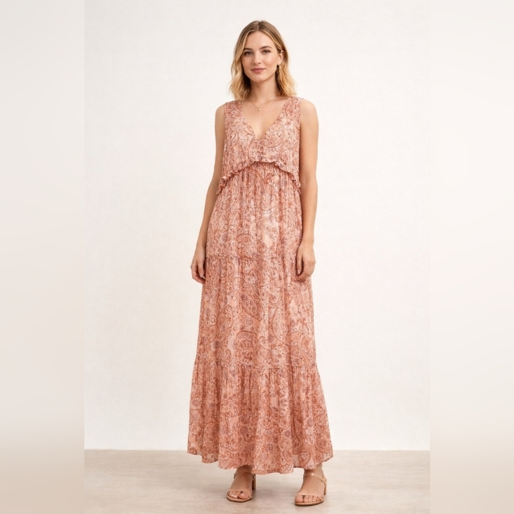 Rachel Zoe Pink Paisley Maxi Dress Women SZ Medium Sleeveless Boho Tiered Cotton